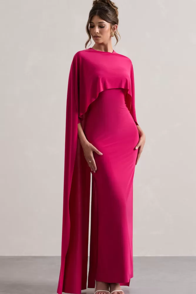 Club L London Padma | Pink Draped Maxi Dress With Cape Sleeves HOTPINK Online