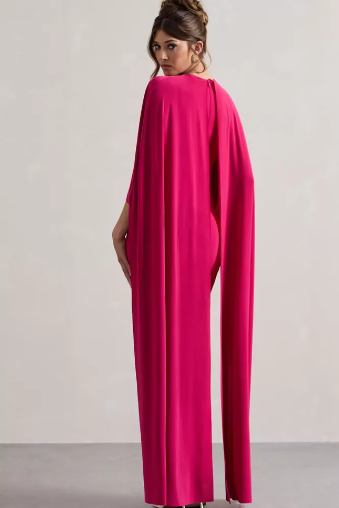 Club L London Padma | Pink Draped Maxi Dress With Cape Sleeves HOTPINK Online