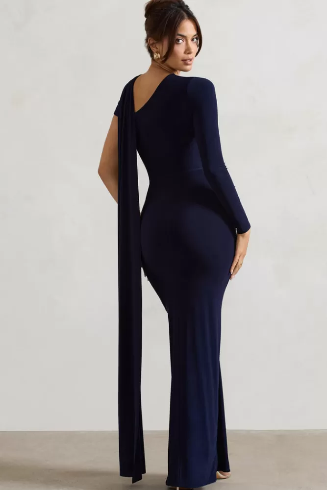 Club L London Padua | Asymmetric One-Sleeve Wrap Maxi Dress With Sash NAVY Clearance