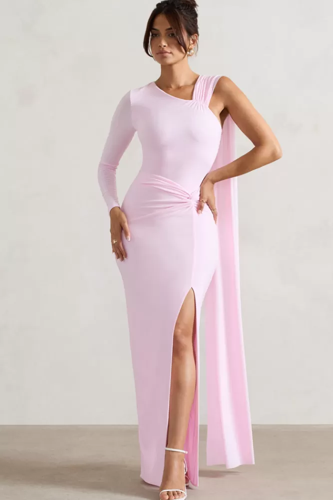 Club L London Padua | Pink Asymmetric One-Sleeve Wrap Maxi Dress With Sash PINKTULLE Cheap