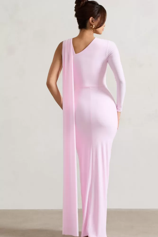 Club L London Padua | Pink Asymmetric One-Sleeve Wrap Maxi Dress With Sash PINKTULLE Cheap