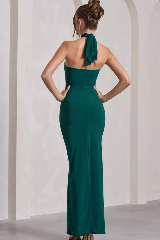 Club L London Pamela | Bottle Green Halter-Neck Sleeveless Split Maxi Dress BOTTLEGREEN Hot