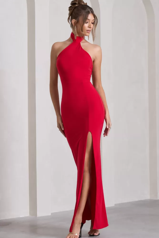 Club L London Pamela | Halter-Neck Sleeveless Split Maxi Dress RED Cheap