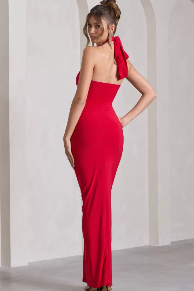 Club L London Pamela | Halter-Neck Sleeveless Split Maxi Dress RED Cheap