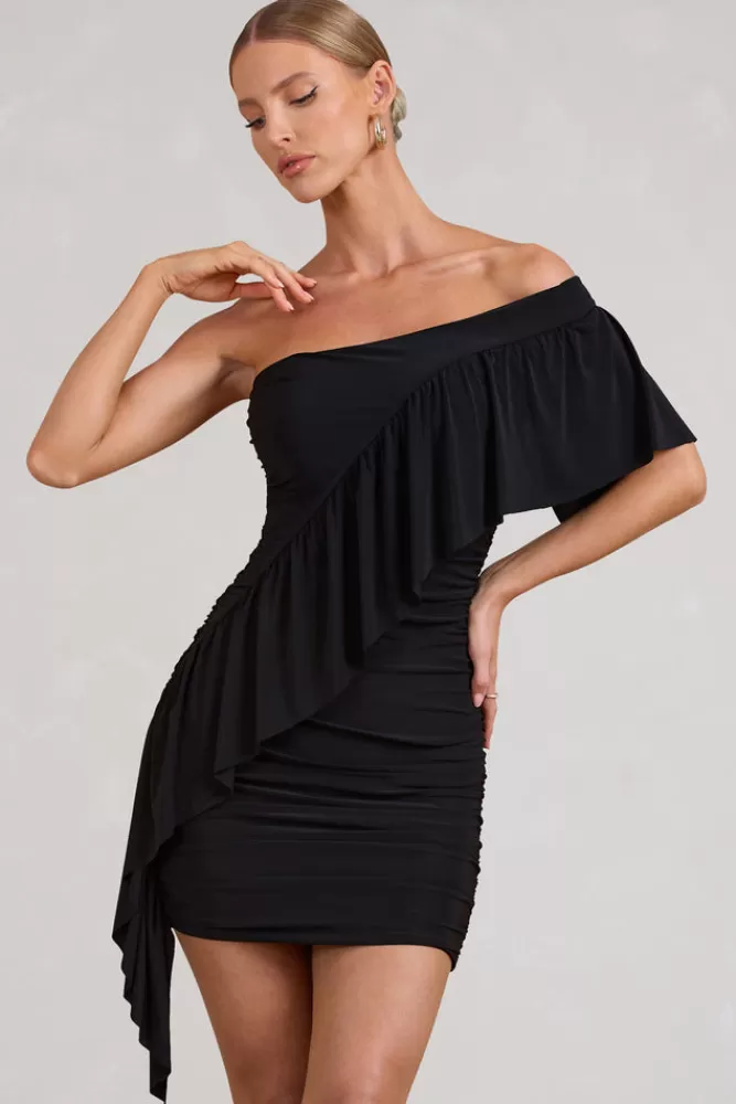 Club L London Parfait | Floral Asymmetric Ruched Mini Dress With Statement Ruffles BLACK Store