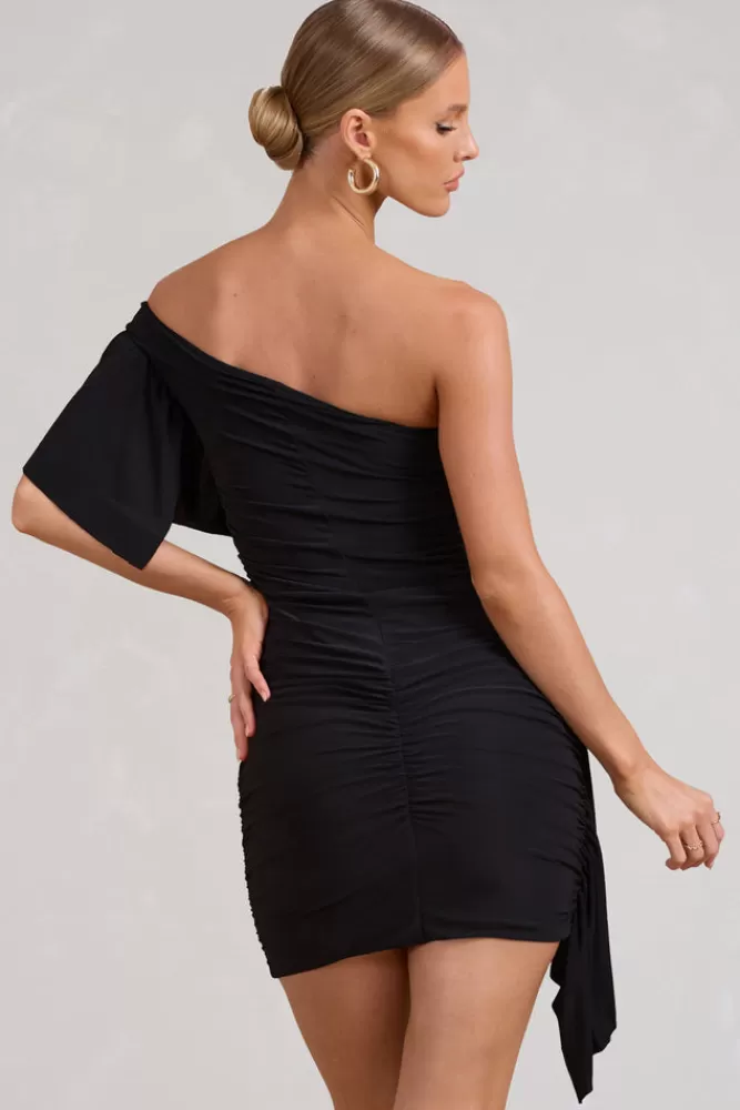 Club L London Parfait | Floral Asymmetric Ruched Mini Dress With Statement Ruffles BLACK Store
