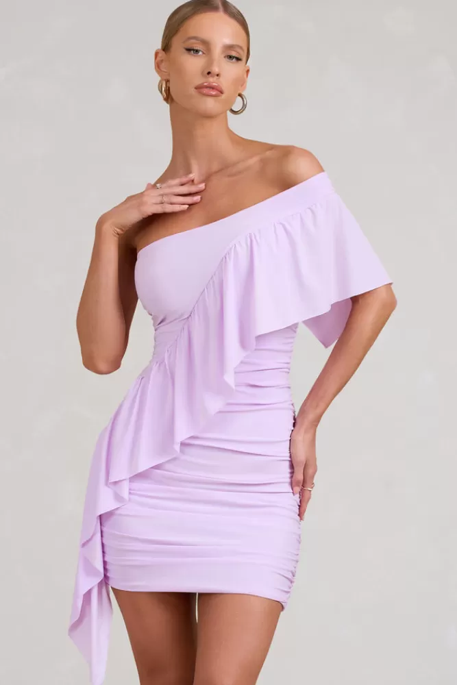 Club L London Parfait | Lilac Asymmetric Ruched Mini Dress With Statement Ruffles ORCHIDBLOOM Sale