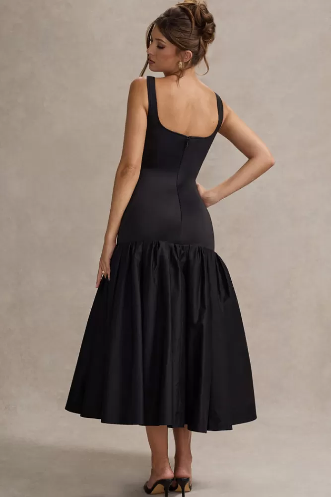 Club L London Parida | Poplin Drop-Waist Maxi Dress With Peplum Hem BLACK Sale