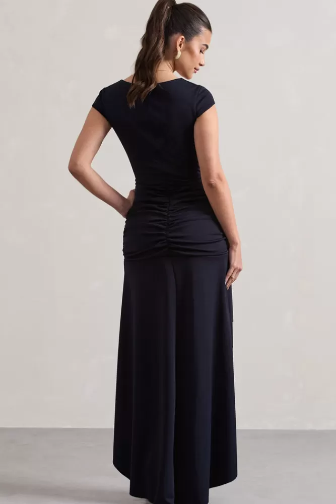 Club L London Parisa | Ruched Short-Sleeve High-Low Maxi Dress NAVY Best Sale