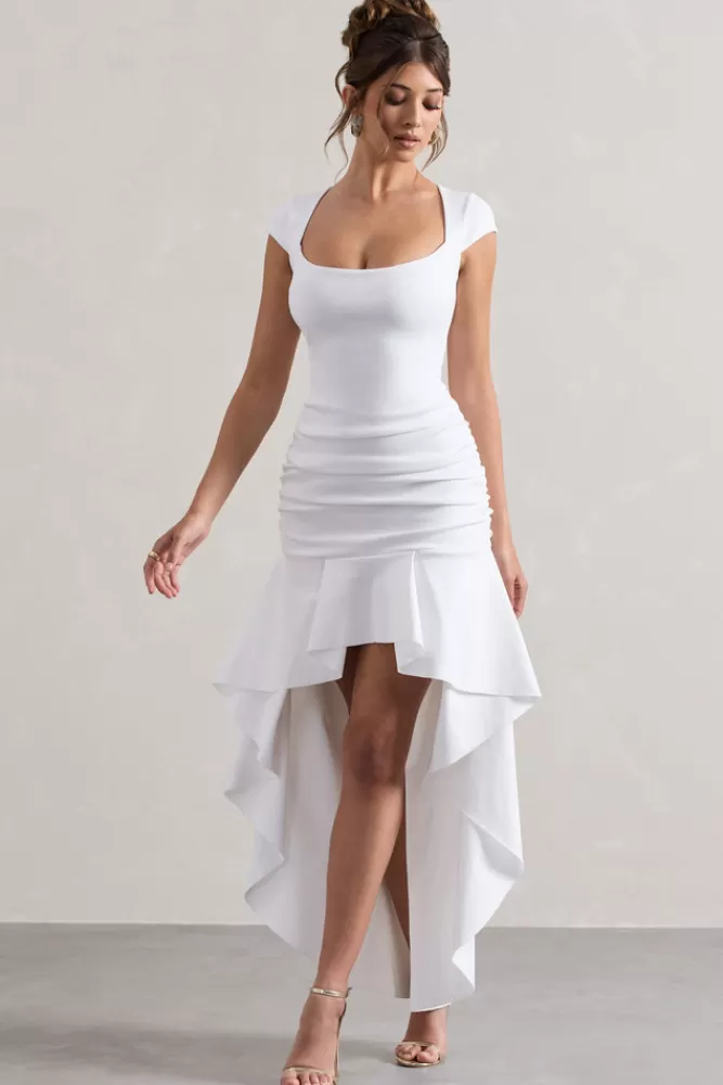 Club L London Parisa | Ruched Short-Sleeve High-Low Maxi Dress WHITE Best