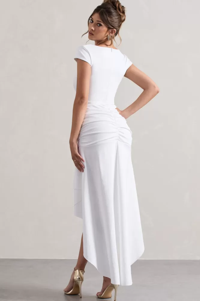 Club L London Parisa | Ruched Short-Sleeve High-Low Maxi Dress WHITE Best