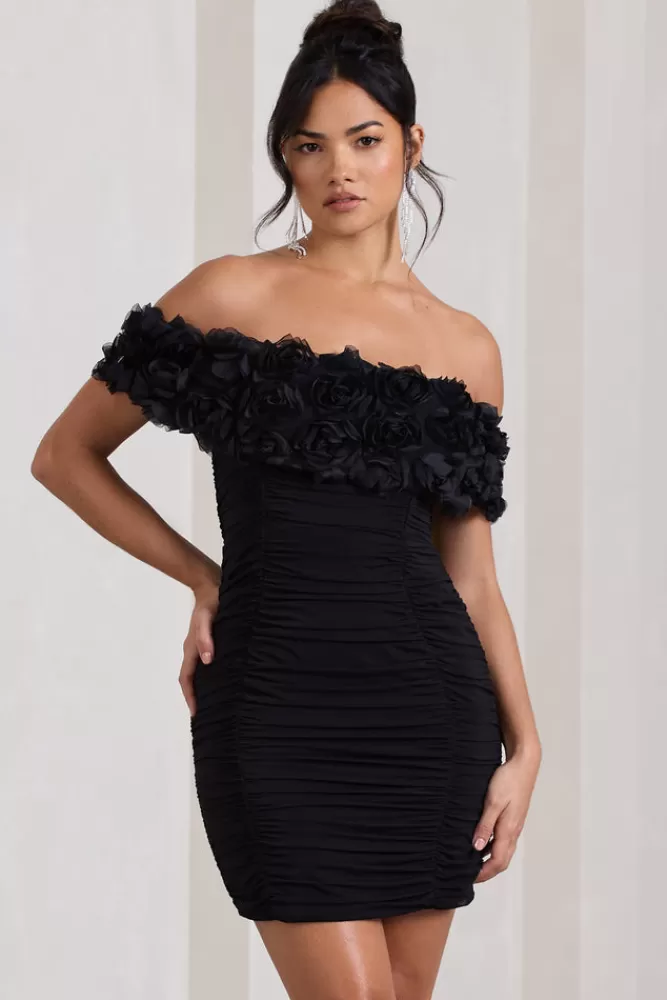 Club L London Pass A Glass | Ruched Bardot Micro Mini Dress With Flowers BLACK Hot