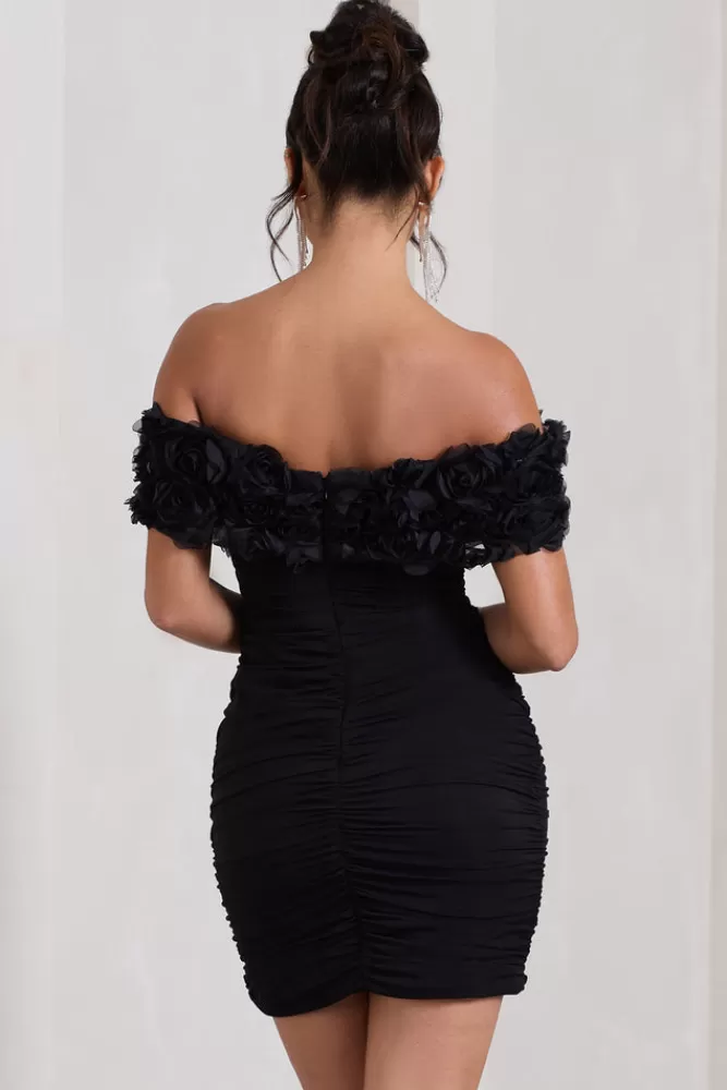Club L London Pass A Glass | Ruched Bardot Micro Mini Dress With Flowers BLACK Hot