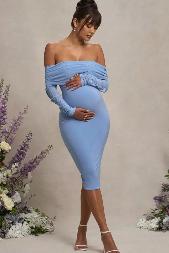Club L London Patiently Waiting | Powder Maternity Ruched Mesh Bardot Midi Dress Blue Shop