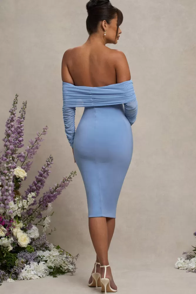 Club L London Patiently Waiting | Powder Maternity Ruched Mesh Bardot Midi Dress Blue Shop