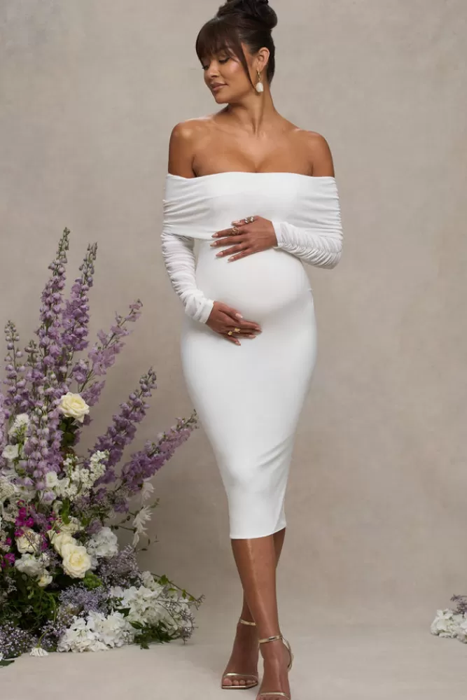 Club L London Patiently Waiting | Maternity Ruched Mesh Bardot Midi Dress WHITE Flash Sale