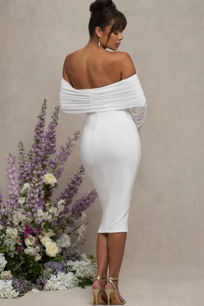 Club L London Patiently Waiting | Maternity Ruched Mesh Bardot Midi Dress WHITE Flash Sale