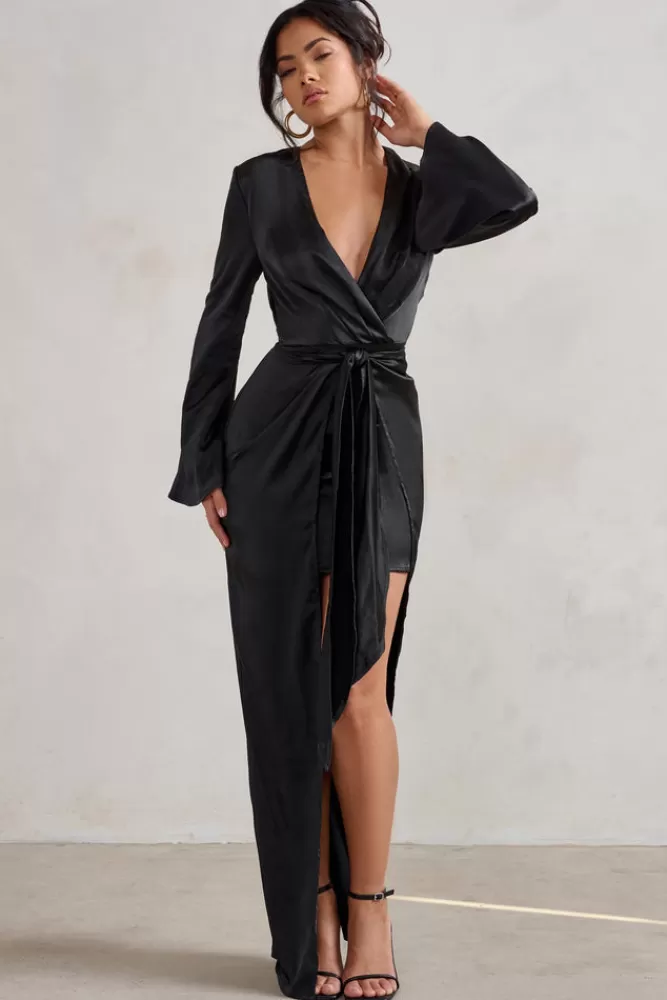 Club L London Patricia | Extreme Plunge Long Sleeve Maxi Dress With Tie Detail BLACK Fashion