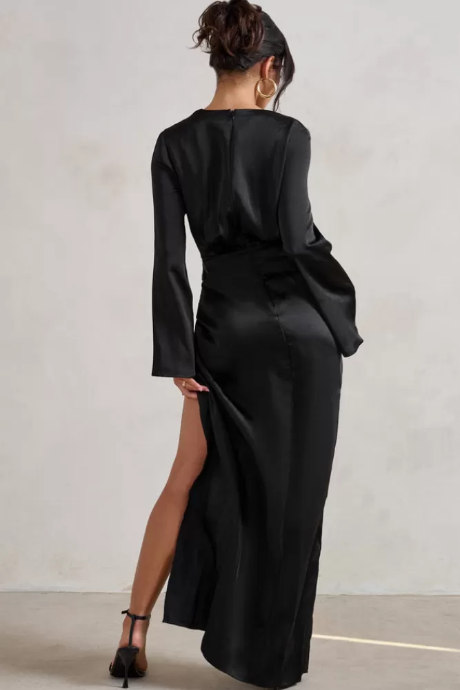 Club L London Patricia | Extreme Plunge Long Sleeve Maxi Dress With Tie Detail BLACK Fashion