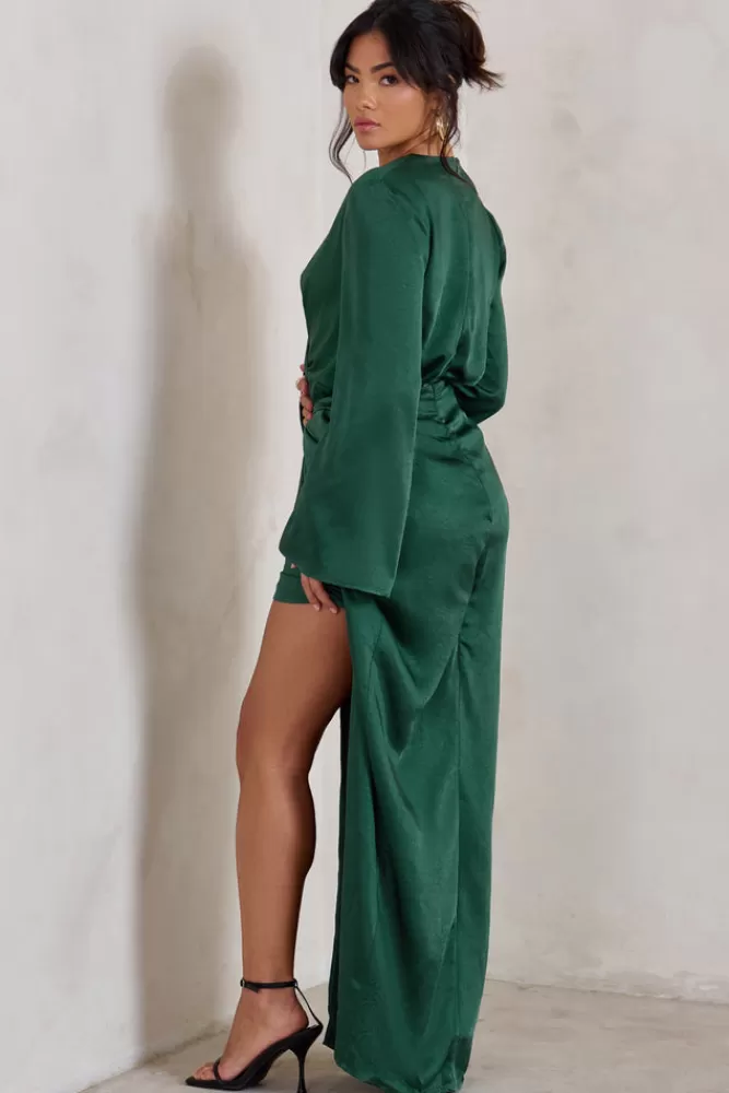 Club L London Patricia | Green Extreme Plunge Long Sleeve Maxi Dress With Tie Detail EMERALD Discount
