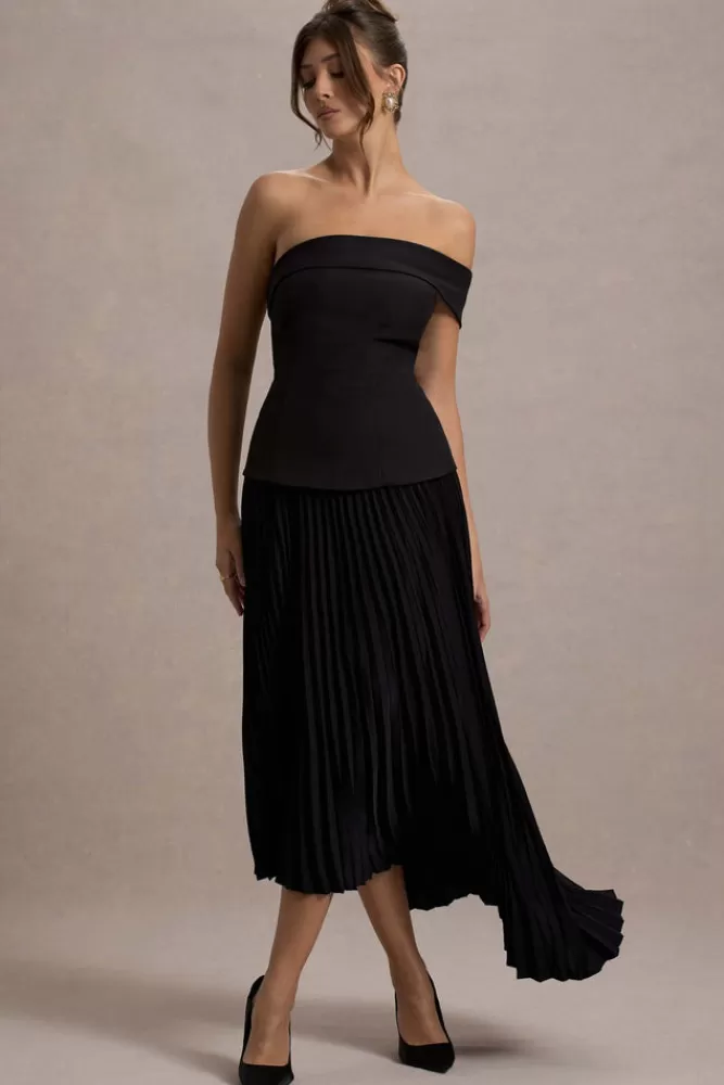 Club L London Pauline | Bardot Tailored Maxi Dress With Plisse Skirt BLACK Flash Sale