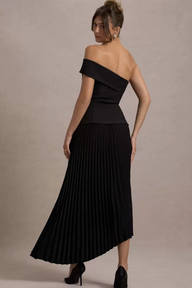 Club L London Pauline | Bardot Tailored Maxi Dress With Plisse Skirt BLACK Flash Sale