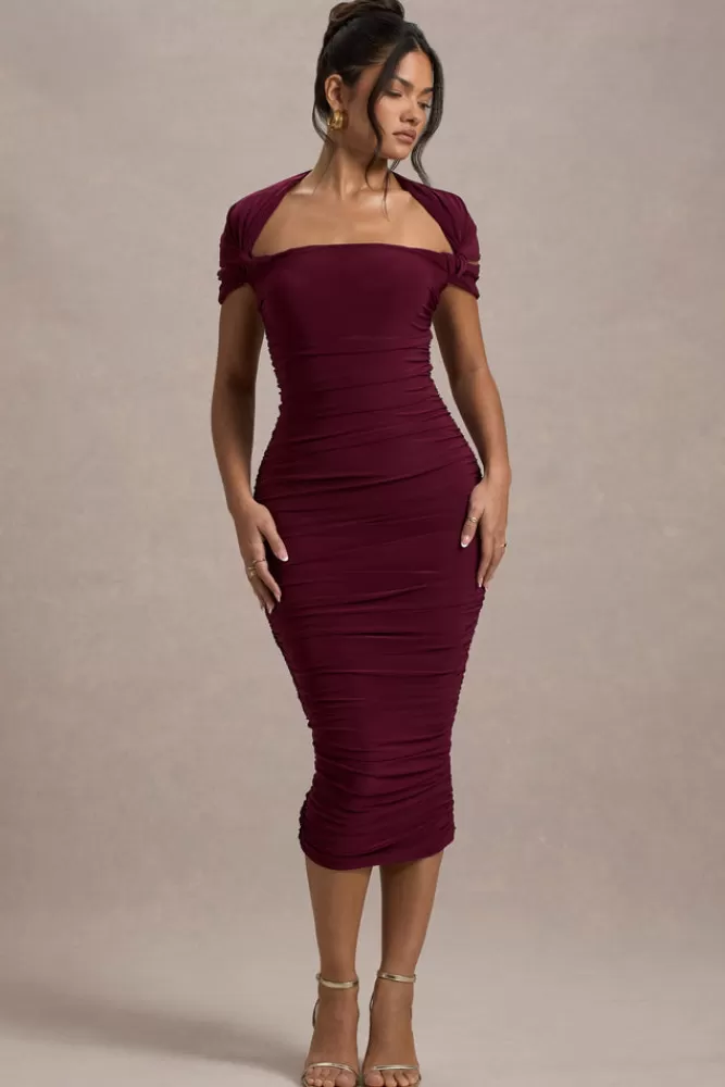 Club L London Paxos | Ruched Short-Sleeve Midi Dress burgundy Cheap