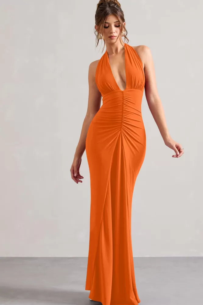 Club L London Payton | Ruched Halter-Neck Maxi Dress ORANGE Flash Sale