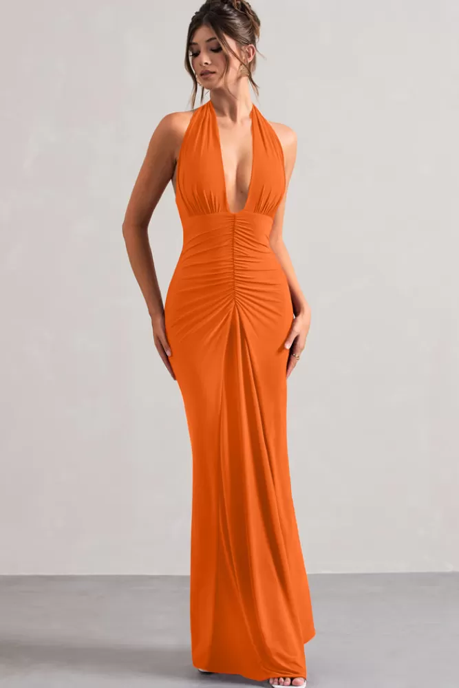 Club L London Payton | Ruched Halter-Neck Maxi Dress ORANGE Flash Sale