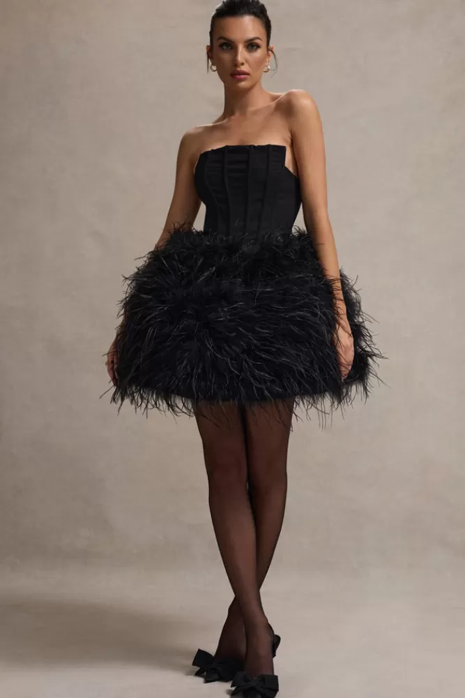 Club L London Peaches | Strapless Mini Dress With Volume Feather Hem BLACK Cheap