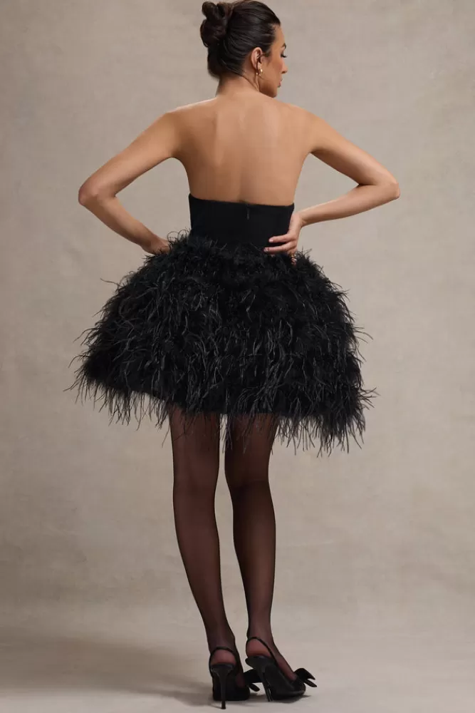 Club L London Peaches | Strapless Mini Dress With Volume Feather Hem BLACK Cheap