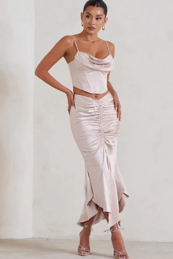 Club L London Per Favore | Satin Ruched Split Maxi Skirt CHAMPAGNE New