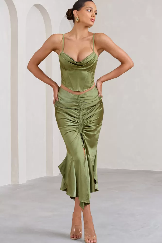 Club L London Per Favore | Satin Ruched Split Maxi Skirt OLIVE Hot