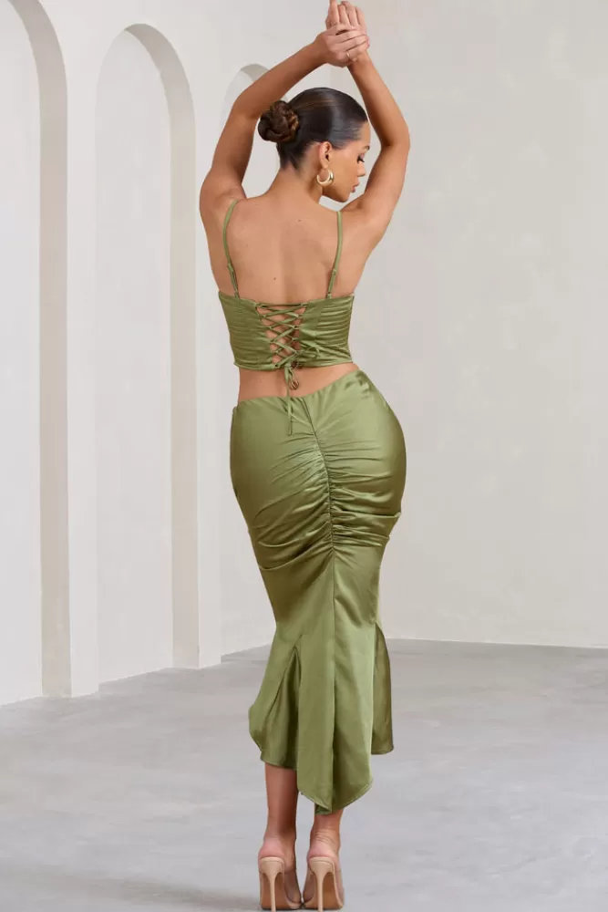 Club L London Per Favore | Satin Ruched Split Maxi Skirt OLIVE Hot