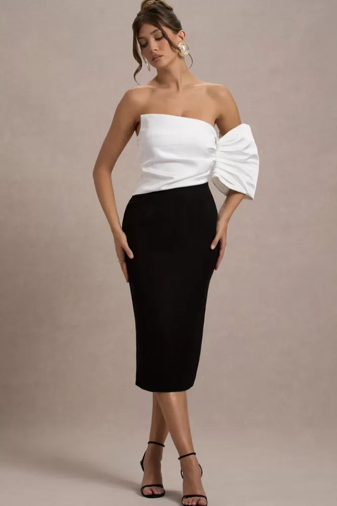 Club L London Perception | Black and White Asymmetric One-Sleeve Midi Dress BLACKANDWHITE New