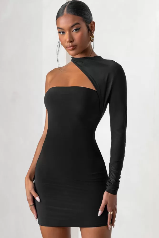 Club L London Perfect Touch | One Shoulder Long Sleeve Mini Dress BLACK New