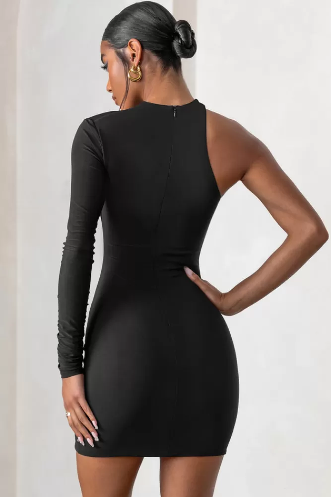 Club L London Perfect Touch | One Shoulder Long Sleeve Mini Dress BLACK New