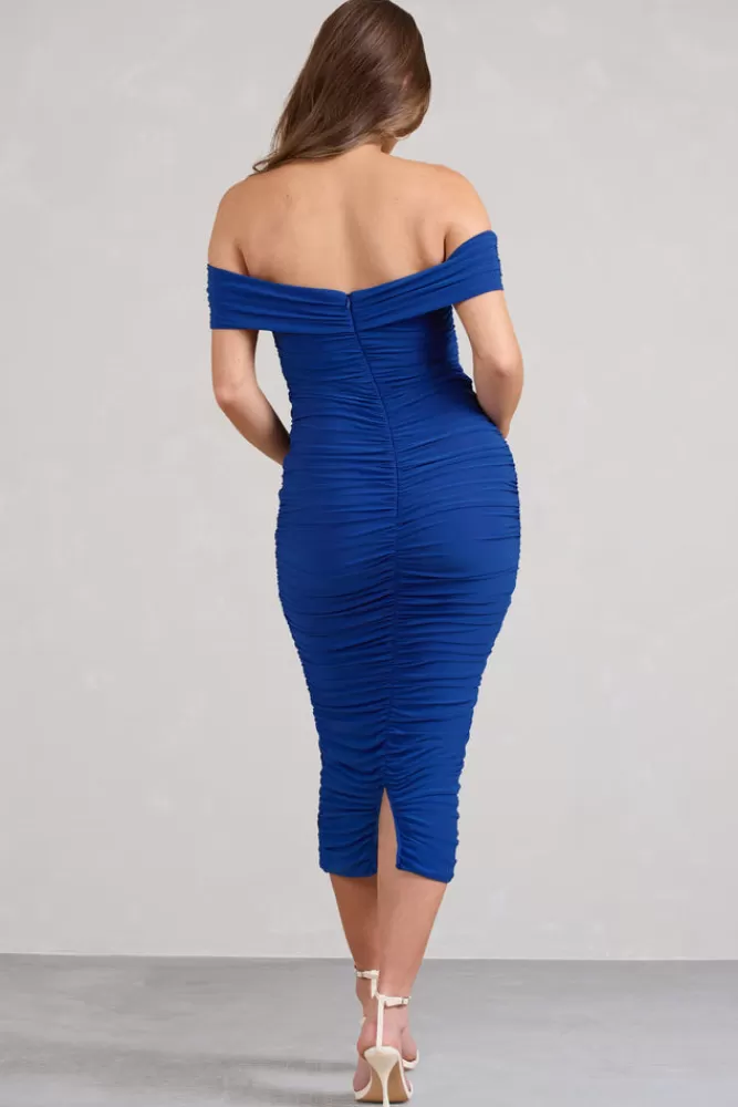 Club L London Perfection | Blue Off Shoulder Ruched Maternity Midi Dress COBALT Outlet