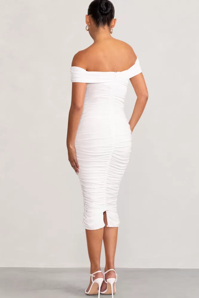 Club L London Perfection | Maternity Bardot Knot Ruched Midi Dress WHITE Cheap