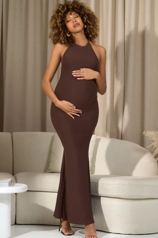 Club L London Perrie | Brown Halter-Neck Maternity Maxi Dress CHOCOLATE Outlet