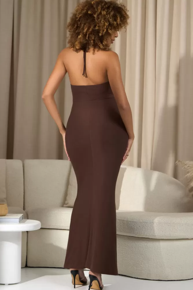 Club L London Perrie | Brown Halter-Neck Maternity Maxi Dress CHOCOLATE Outlet