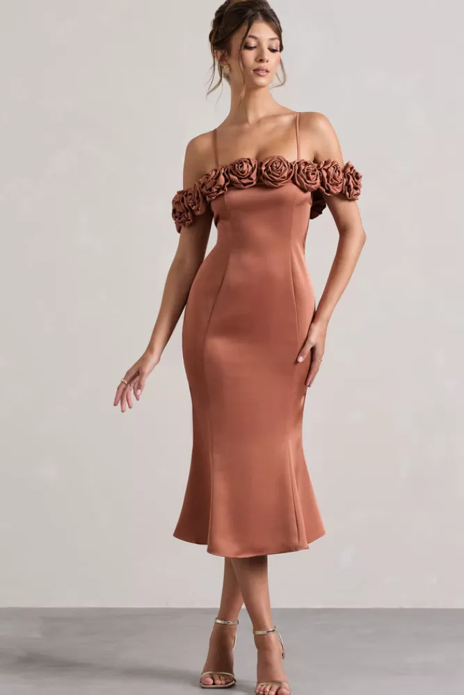 Club L London Petunia | Satin Floral Bardot Midi Dress RUST New