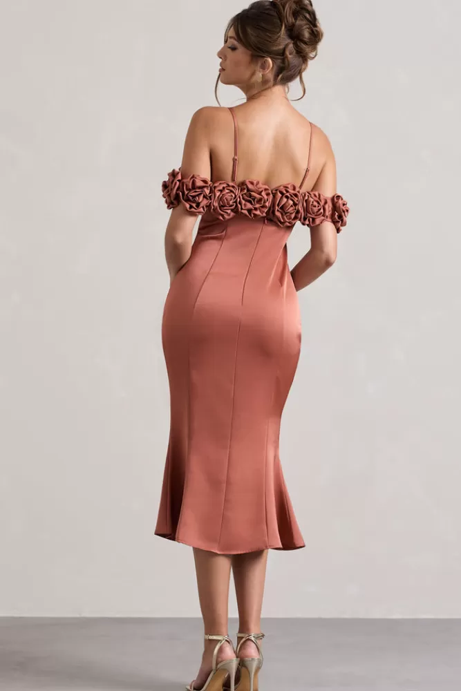 Club L London Petunia | Satin Floral Bardot Midi Dress RUST New