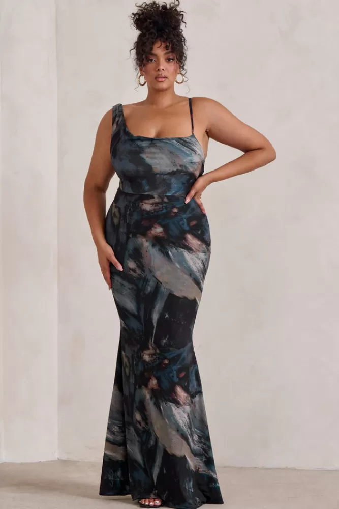 Club L London Phantasy | Black Abstract Print Asymmetric Neckline Cowl Maxi Dress MULTI Store