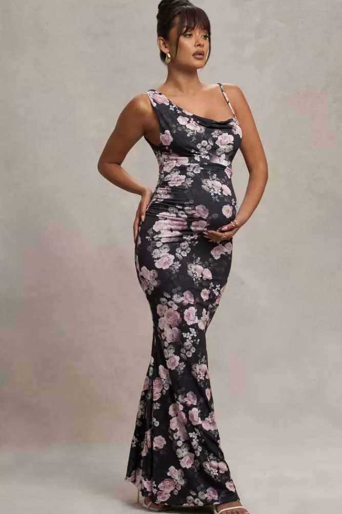 Club L London Phantasy | Black Floral Maternity Cowl Neck Maxi Dress BLACKFLORAL Online