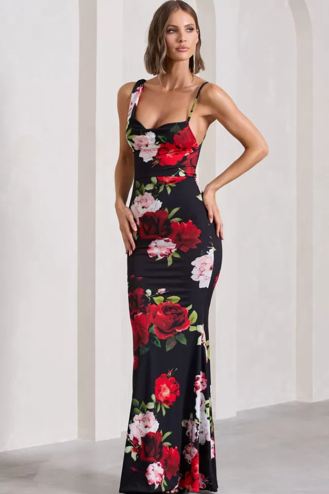Club L London Phantasy | Black Floral Print Asymmetric Neckline Cowl Maxi Dress BlackFloral Best Sale