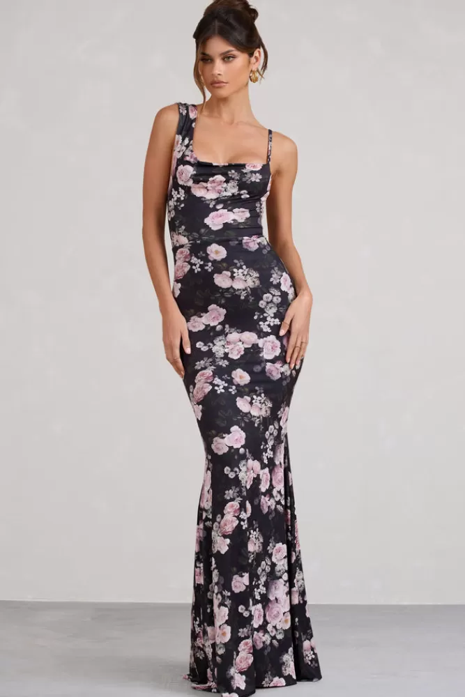 Club L London Phantasy | Black u0026 Pink Floral Print Asymmetric Neckline Cowl Maxi Dress BLACKFLORAL Cheap