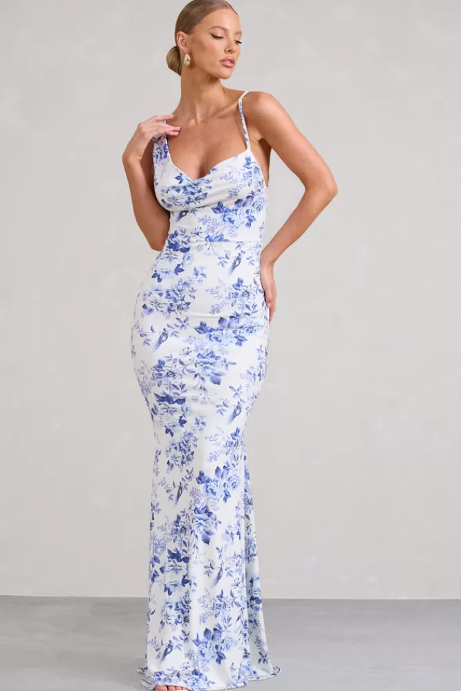 Club L London Phantasy | Blue Floral Print Asymmetric Neckline Cowl Maxi Dress BLUEFLORAL Cheap