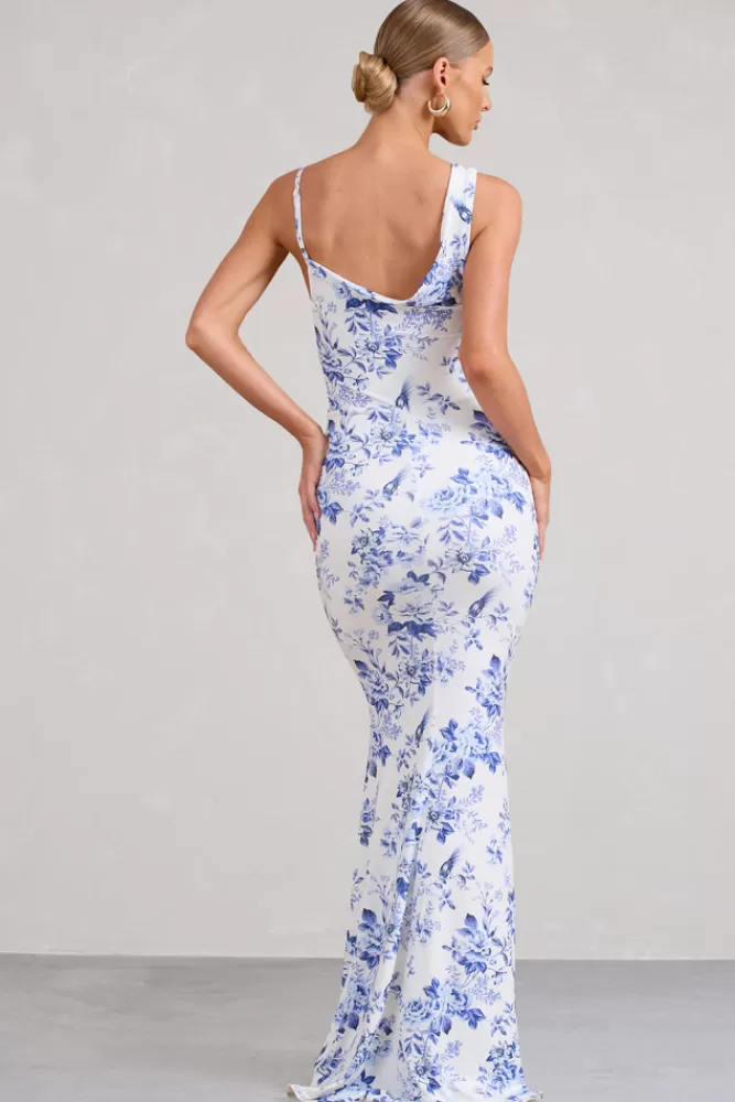 Club L London Phantasy | Blue Floral Print Asymmetric Neckline Cowl Maxi Dress BLUEFLORAL Cheap