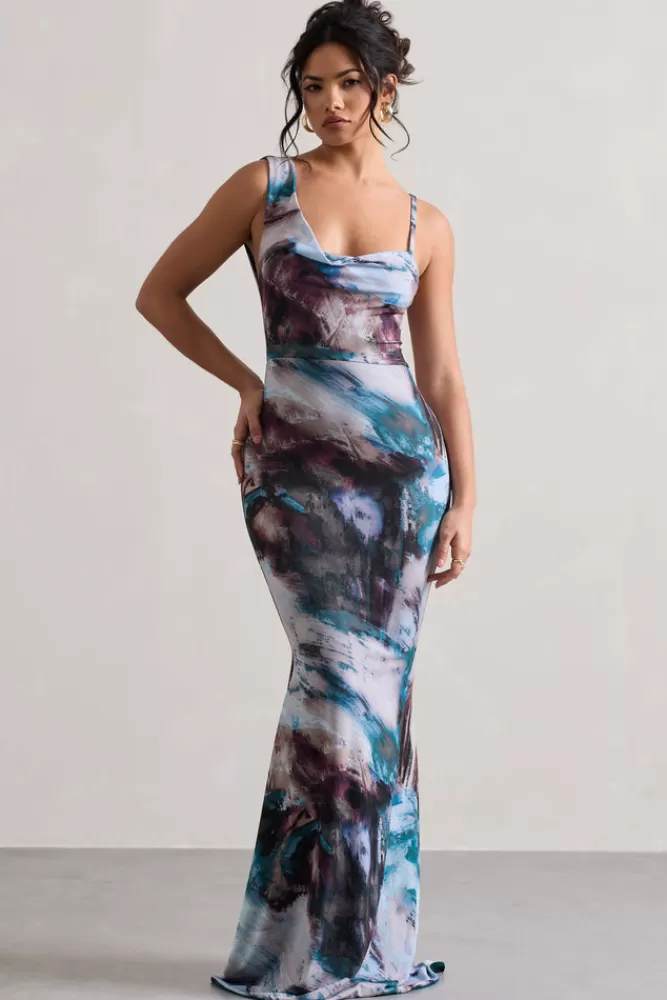 Club L London Phantasy | Print Asymmetric Neckline Cowl Maxi Dress Multi New